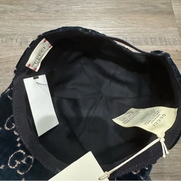 Gucci Double GG Logo Sapphire Blue Gold Velvet Baseball Cap Hat - Picture 8 of 14